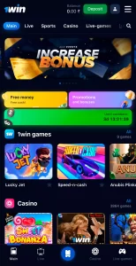 Screenshot of the main screen of the 1win apk